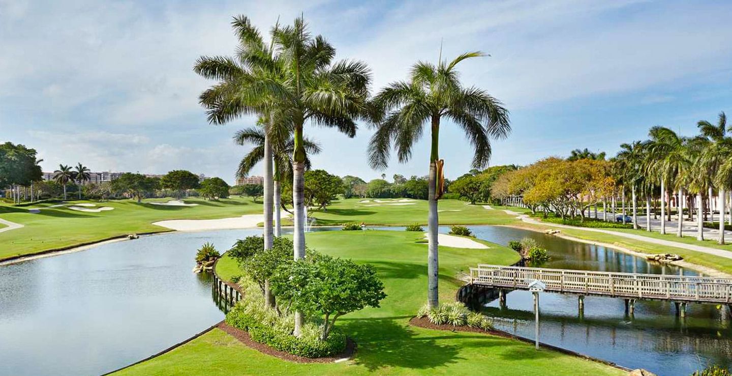 Palm-lined water and fairway at Boca Raton Golf & Racquet Club
