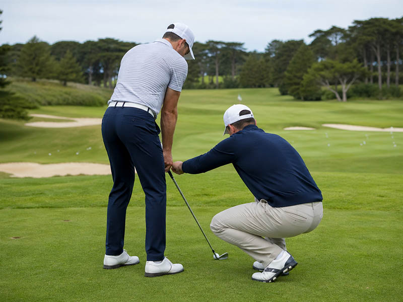 Golf instructor helping a player line up a shot on the course